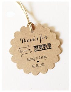 Thank you for bean here tags for wedding favor, baby shower favors, bridal shower coffee bean tags, natural, white