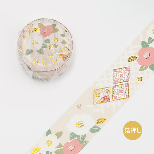 Camellia BGM washi tape Gold Foil Stamping Accent - Pink, white, cream floral, flower 20 mm x 5 m