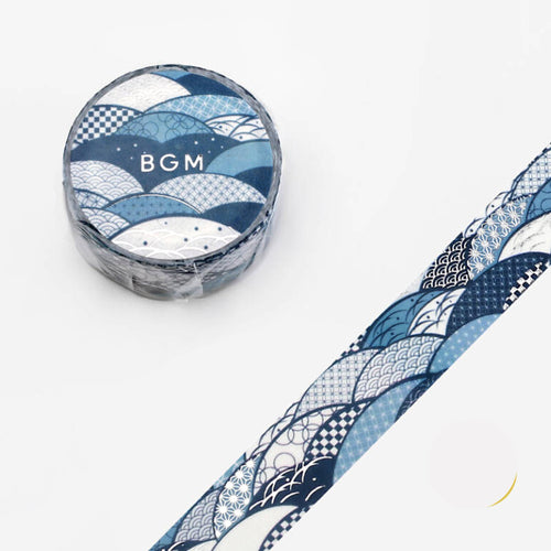 Navy Blue Wave Pattern washi tape BGM Gilded Silver Foil Accent *