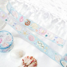 Seashell Washi Tape Blue Background Sea Shells BGM Starfish, Pearl, Gilded Silver Foil Accent