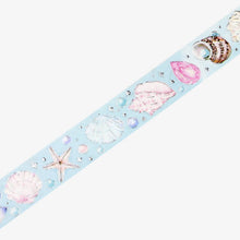 Seashell Washi Tape Blue Background Sea Shells BGM Starfish, Pearl, Gilded Silver Foil Accent