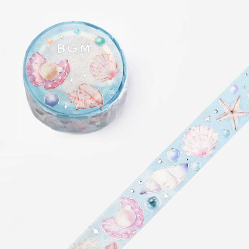 Seashell Washi Tape Blue Background Sea Shells BGM Starfish, Pearl, Gilded Silver Foil Accent