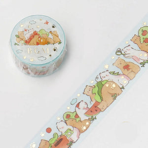 Blue Bears Apples Animal Party Camp BGM washi tape Gold Foil Accent on Blue Background
