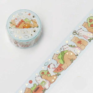 Blue Bears Apples Animal Party Camp BGM washi tape Gold Foil Accent on Blue Background **