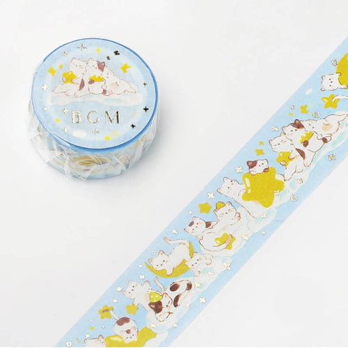 Blue Cats Stars Moon Animal Party Camp BGM washi tape Gold Foil Accent on Blue Background