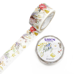 Christmas Poinsettia Washi Tape Floral, Bells, Stars, Pine Cones - SIlver Foil Accent Japanese