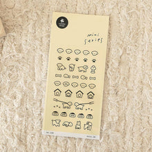 Cute dog sticker with outline illustration of dogs, bones, dog houses, dog on leash, and dog food bowl. From Suatelier sticker sheet (#128)
