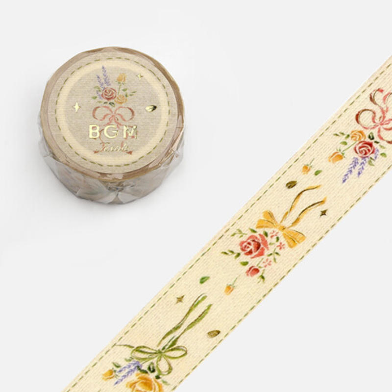 Embroidered Ribbon Floral Bouquet Washi Tape Flower BGM on Tan Beige Background