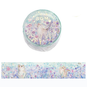 Floral Cat Washi Tape bgm Cute Cats in Field of Flowers Gold Foil Accent 20mm x 5m
