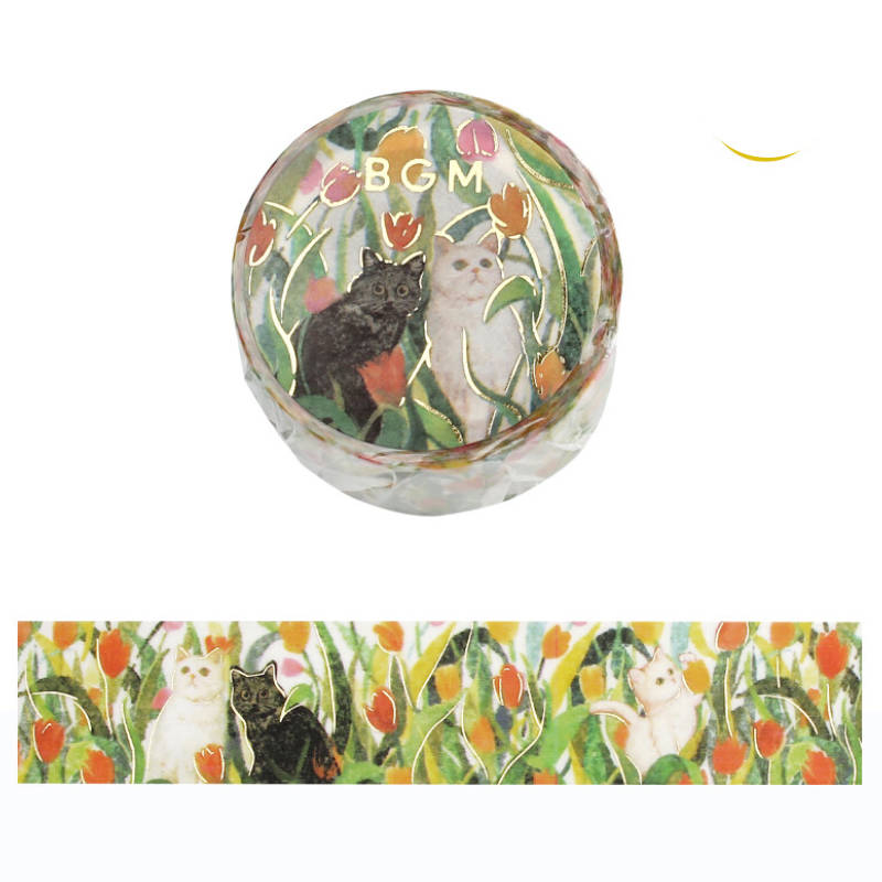 Floral Cat Washi Tape bgm Cute Cats in Field of Flowers Gold Foil Accent 20mm x 5m