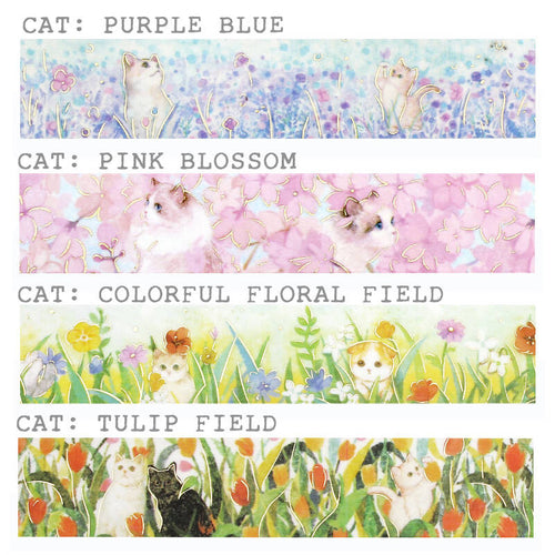 Floral Cat Washi Tape bgm Cute Cats in Field of Flowers Gold Foil Accent 20mm x 5m