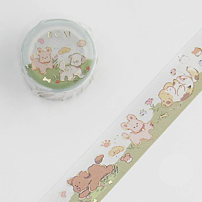 Fun Playful Puppy Apples Animal BGM Puppies washi tape Gold Foil Accent **