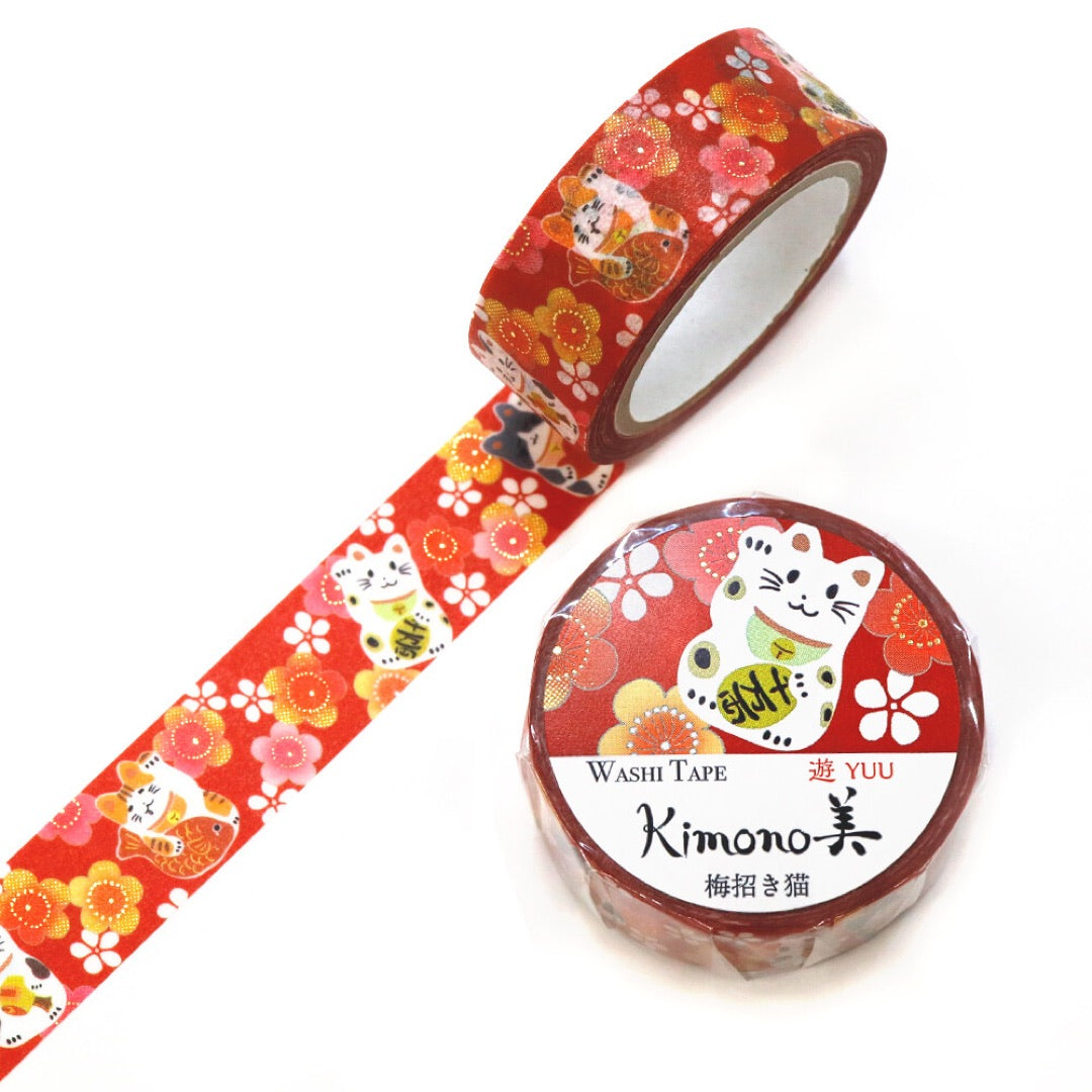 Good Luck Cat Washi Tape Kitty Red Floral Japanese Gold Foil
