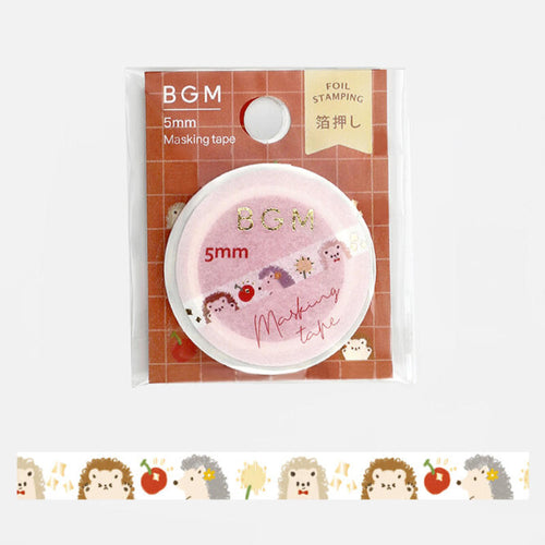 Tiny Hedgehog Washi Tape BGM Cherry - Gold Foil Accent Thin, Narrow, Skinny