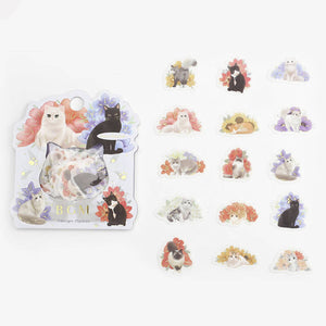 Pretty Cat Flower Washi Flake Stickers Floral, Gold Foil Accent BGM Deco Sticker (Washi Tape Material)