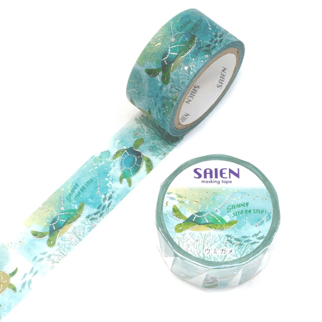 Sea Turtles Washi Tape Ocean Saien Kamiiso Sansyo Silver Gold Foil ...