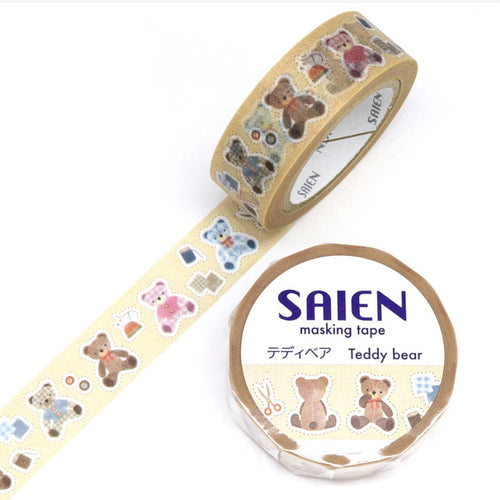 Teddy Bear Washi Tape Saien Animal, Pink Blue, Brown, Scissor, Gingham, Japanese Kamiiso Sansyo