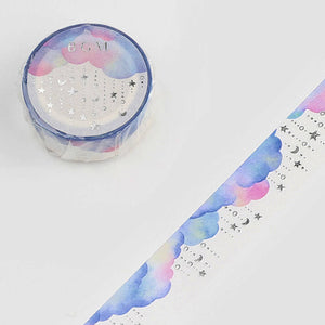 Watercolor Cloud Constellation Washi Tape Stars, Moon, Silver Foil Accent 15mm x 5m