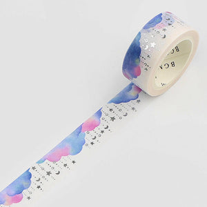 Watercolor Cloud Constellation Washi Tape Stars, Moon, Silver Foil Accent 15mm x 5m