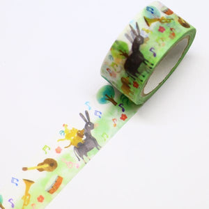 Animal Town Musician Washi Tape Saien Japanese Kamiiso Sansyo - Donkey, Dog, Cat, Chicken