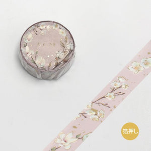 BGM washi tape Floral White Blossom on Ash Lilac Gilded Gold Foil Accent