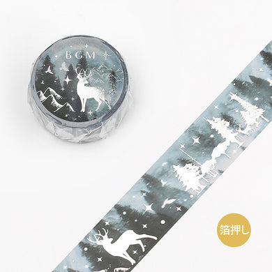 BGM Forest Washi Tape Nature Poetry Bird, Deer, Mountain, Silver Foil 20mm x 5m