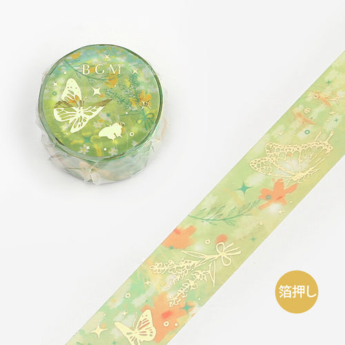 BGM Garden Butterfly Washi Tape Nature Poetry Leaf, Flower Gold Foil 20mm x 5m