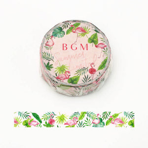 BGM pink flamingo washi tape with green tropical leaves