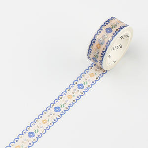 Blue Embroidery Floral BGM washi tape Silver Foil Accent Beige Background