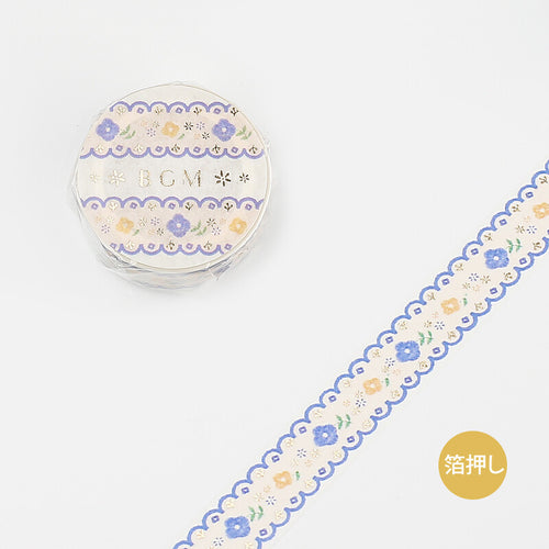 Blue Embroidery Floral BGM washi tape Silver Foil Accent Beige Background