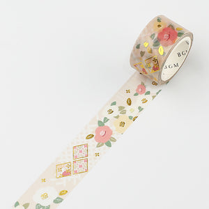 Camellia BGM washi tape Gold Foil Stamping Accent - Pink, white, cream floral, flower 20 mm x 5 m