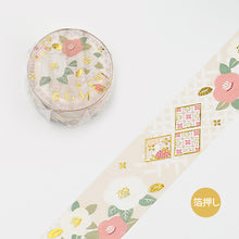Camellia BGM washi tape Gold Foil Stamping Accent - Pink, white, cream floral, flower 20 mm x 5 m