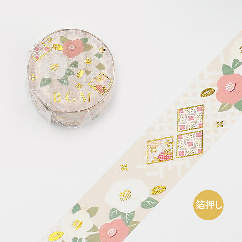 Camellia BGM washi tape Gold Foil Stamping Accent - Pink, white, cream floral, flower 20 mm x 5 m