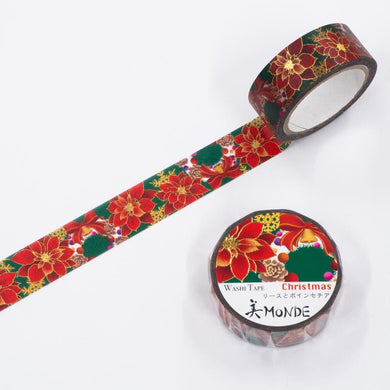 Christmas Poinsettia Washi Tape Monde Bow Tie Bell - Gold Foil Accent Japanese