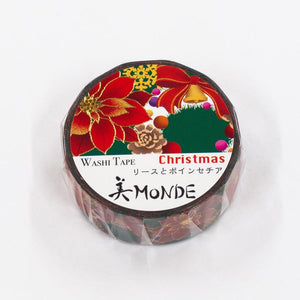 Christmas Poinsettia Washi Tape Monde Bow Tie Bell - Gold Foil Accent Japanese