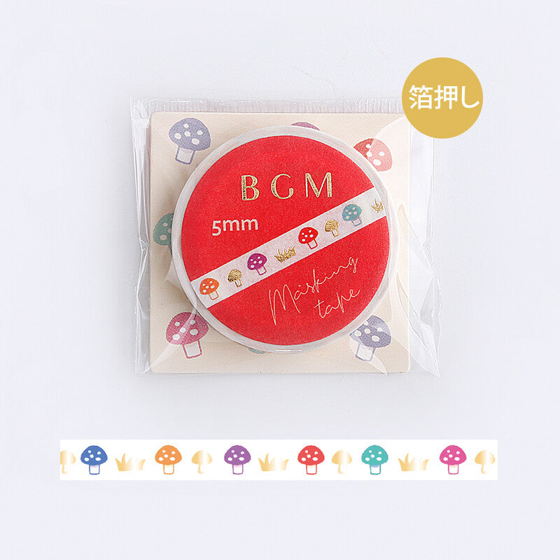 BGM Colorful Mushrooms Washi Tape - Gold Foil - Thin, Slim, Narrow Nature 5mm x 5m