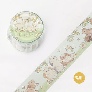 Fairy Tale Animals BGM washi tape Foil Accent on Mint Background Squirrels, Cat, Rabbits, Sheep