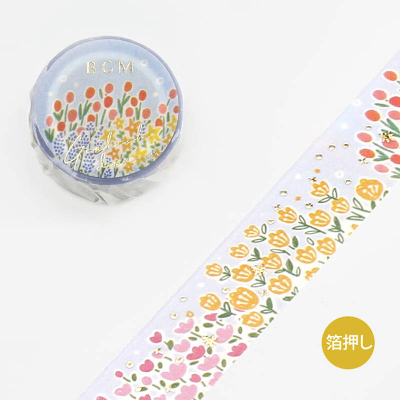 Field of Flowers Garden Washi Tape BGM Masking Tape Floral Gold Foil 20mm x 5m