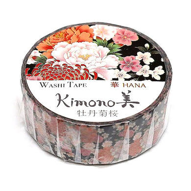 Kimono Peony Sakura Washi Tape Floral on Black Japanese