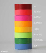 Stack of MT bright shocking colors examples with names labeled, regular red, bright red, bright pink, bright orange, yellow, bright green, regular green, regular blue