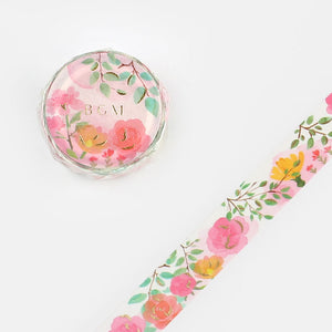 Rose Washi Tape Pink Orange Garden Leaves Gold Foil