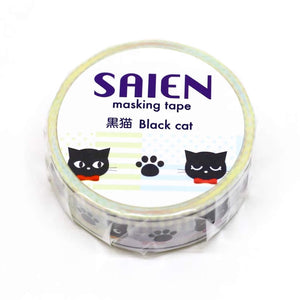 Black Cat Washi Tape Paw Print Saien Animal Japanese 15mm x 10m