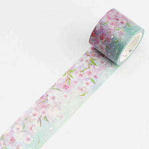 Bgm pink cherry blossom rain washi tape on aqua masking tape with silver foil
