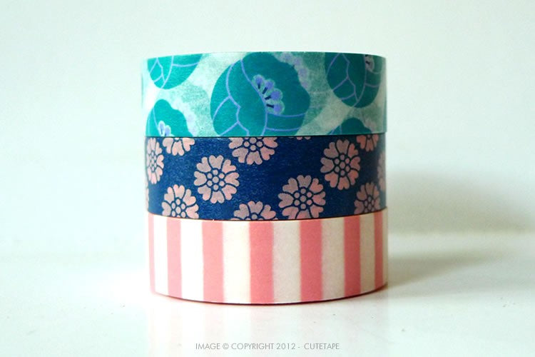Tulip Floral Washi Tape - Teal, Blue, Pink Stripe (discontinued)