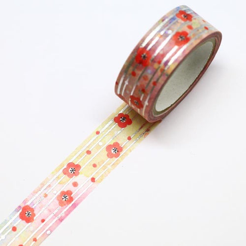 Twining Red Floral Silver Stripe Washi Tape Silver Foil GILDED Japanese