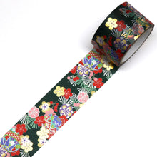 Wide Temari Ume Kimono Washi Tape Flowers on Dark Green Gold Foil GILDED Japanese