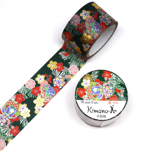 Wide Temari Ume Kimono Washi Tape Flowers on Dark Green Gold Foil GILDED Japanese