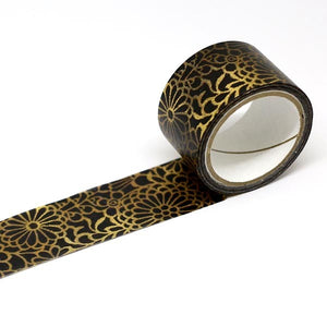 Wide Gold Floral Outline Kimono Washi Tape Japanese Gold Foil GILDED on Black Background Zen