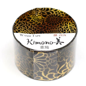 Wide Gold Floral Outline Kimono Washi Tape Japanese Gold Foil GILDED on Black Background Zen