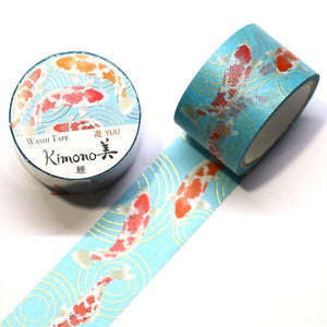 Wide Koi Fish Kimono Washi Tape Carp on Aqua Gold Foil GILDED Japanese